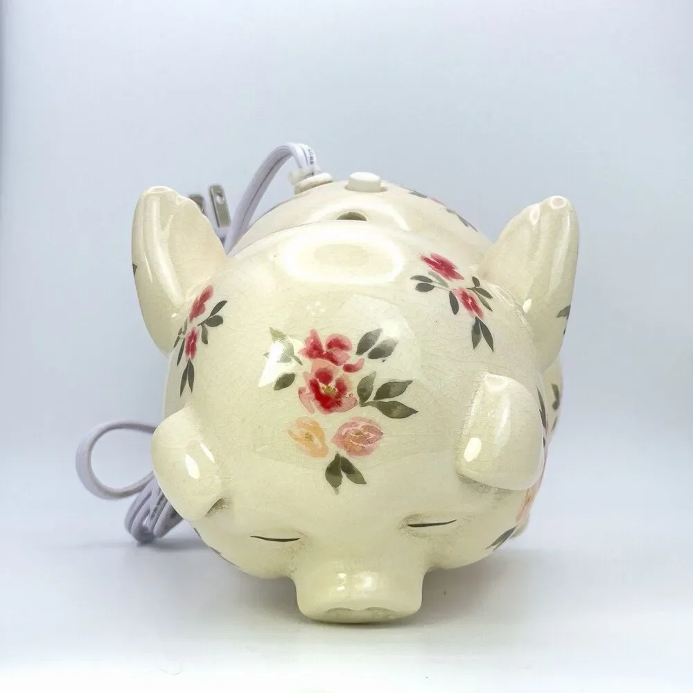 VTG. FLYING ANGEL PIG NIGHT LIGHT RED&PINK FLORAL CRACKLED FINISH WORKS GREAT.